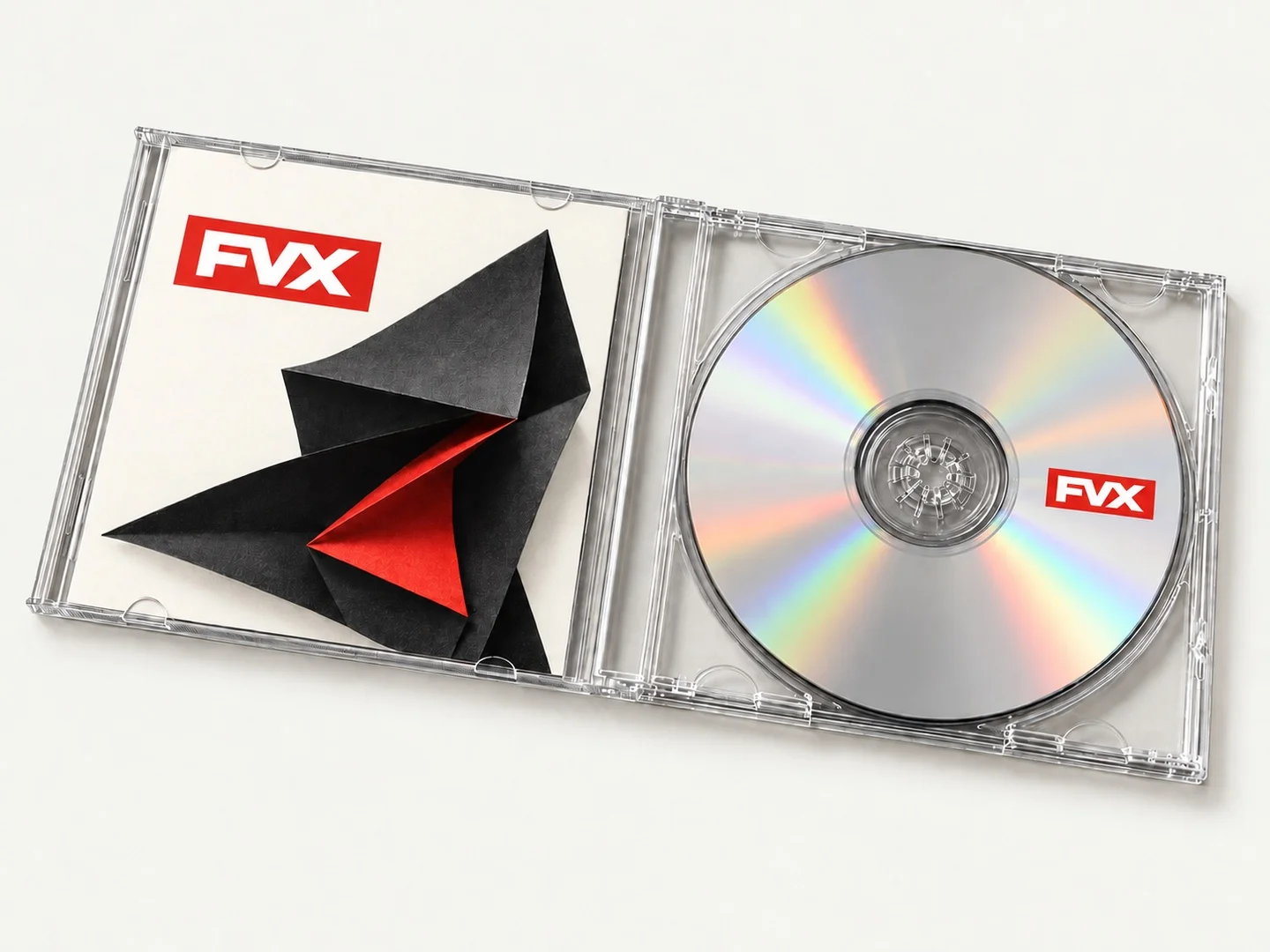 CD с красным знаком FVX: визуализация оформления